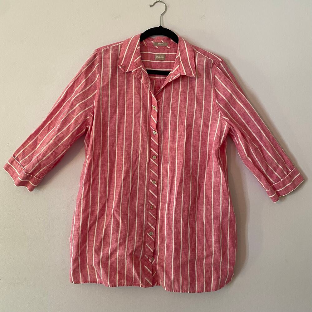 Chico's Pink White Stripe Linen Button Down Shirt No-Iron Minimalist 2 / Large